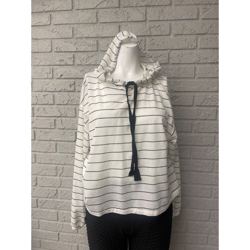 Arizona Jean Co Women Black White Striped Long Sleeve Cropped Hoodie Top Size M